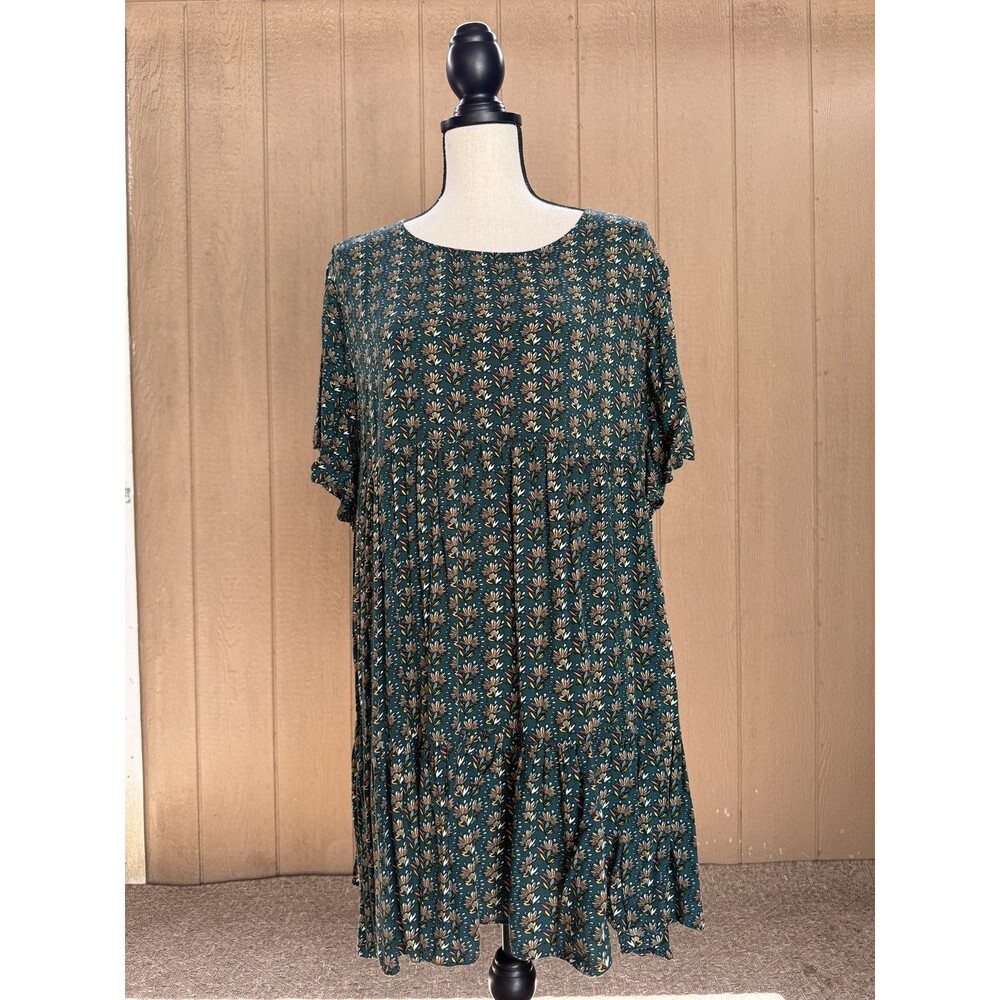 Chances R Floral Tiered Smock Dress Green Boho Short Sleeve Women's Size XL